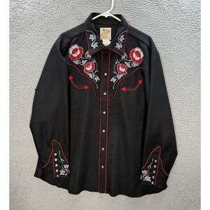 Vintage H Bar C Shirt Adult 18 Black Pearl Snap Embroidered Yoke Western 70s 80s